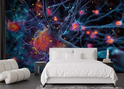 A modern graphic of brain cells, focusing on the complexity of neural networks Wall mural