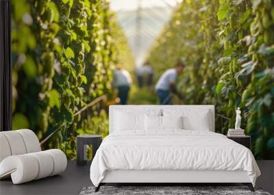 A peaceful scene of a hop farm with a wooden barn and rows of green vines stretching out Wall mural