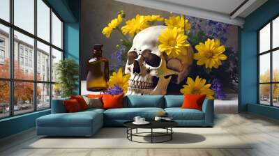 A skull decorated with colorful flowers, including blue hydrangeas, white lilies, and pink daisies, sits on a smooth stone table. Wall mural