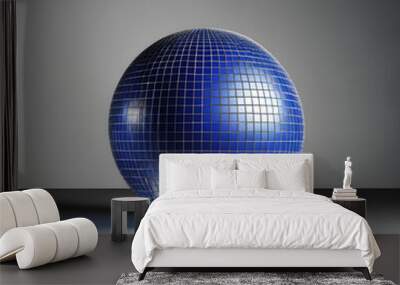 A spherical object with a white and blue grid surface reflecting light from the side. Wall mural