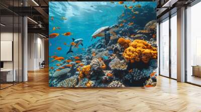 A vibrant coral reef with colorful fish, sea turtles, and playful dolphins in clear blue waters Wall mural