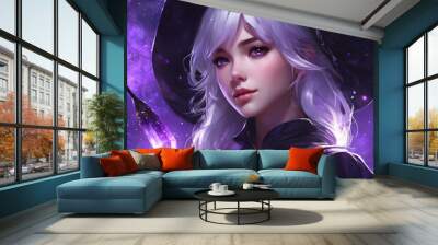 A young girl in a black witch costume has purple eyes and white hair. Her close-up face has a mysterious smile. She holds a magic wand that emits purple light. Wall mural