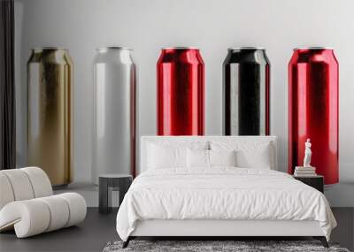 Aluminum slim cans in various colors: silver, white, black, and red, isolated on a white background, 3D illustration for beer can mockup templates Wall mural