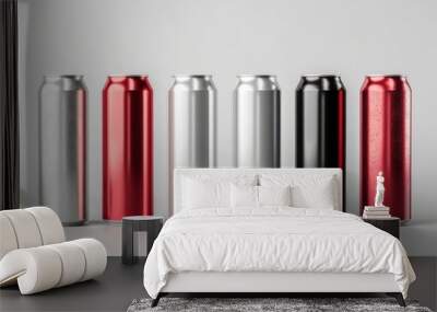 Aluminum slim cans in various colors: silver, white, black, and red, isolated on a white background, 3D illustration for beer can mockup templates Wall mural