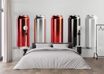 Aluminum slim cans in various colors: silver, white, black, and red, isolated on a white background, 3D illustration for beer can mockup templates Wall mural