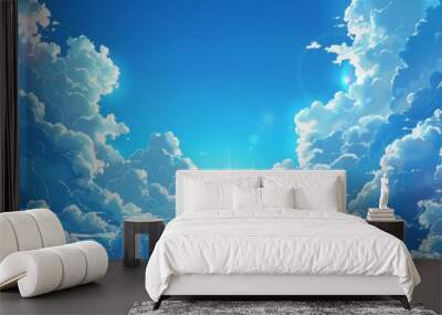 Anime blue sky filled with fluffy white clouds and a bright shining sun, joyful sunny day scene, vector image Wall mural