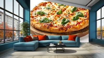 Artisan pizza topped with prosciutto and arugula, served on a wooden plate, against a clean white background Wall mural