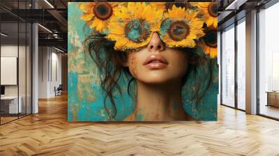 Artistic portrait of a woman, her eyes concealed by sunflowers, abstract and colorful collage Wall mural