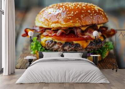 Bacon cheeseburger on a wooden table, white background Wall mural