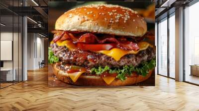 Bacon cheeseburger on a wooden table, white background Wall mural