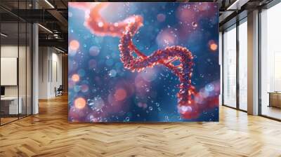 Beautiful spiral of red DNA double helix with light bokeh and bubbles, gracefully floating on a blue background Wall mural