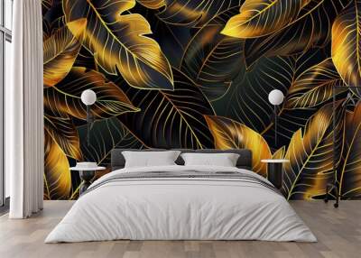 Beautiful tropical leaf wallpaper featuring golden banana leaf line arts and hand-drawn outlines, creating a luxurious nature pattern Wall mural