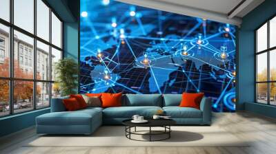 Business professionals worldwide collaborating through digital channels, focusing on customer service, data exchange, and global outsourcing Wall mural