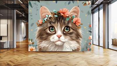 Cartoon cat face with a flower crown, floral background Wall mural