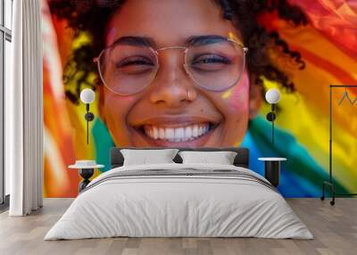 Close-up of a LGBTQ person with a background of rainbow stripes, celebrating pride and identity Wall mural