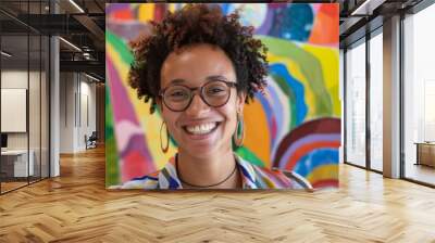 Close-up of a LGBTQ person with a background of rainbow stripes, celebrating pride and identity Wall mural