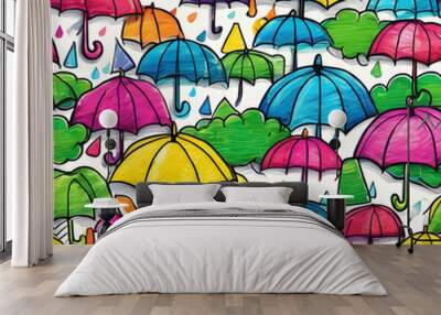 Crayon line pattern, doodle style, umbrella pattern, clouds and colorful umbrellas. Wall mural