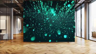 Digital particles float in blue and green bubbles in the air. The surface of each particle is clearly visible, with soft light shining from the sides. Wall mural