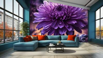 Each purple chrysanthemum has wide-open ghost eyes staring out. The moonlight illuminates the details of the twisted petals. Wall mural