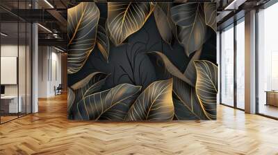 Elegant tropical leaf wallpaper with intricate golden banana leaf line arts and hand-drawn outlines, perfect for luxurious nature patterns in fabric, print, cover, banner, and invitation Wall mural