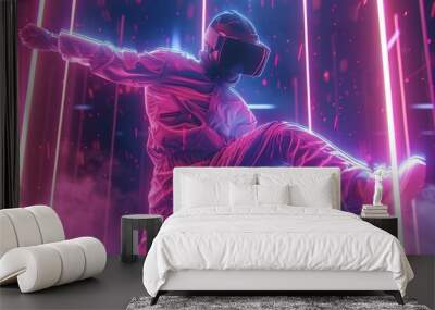 Engaged in VR kickboxing, man captured mid-motion, neon lights enhancing the action Wall mural