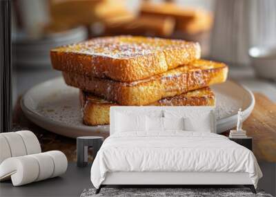 French toast sticks on a wooden table, white background Wall mural