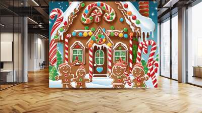 Funny cartoon gingerbread family decorating their gingerbread house, with oversized candy canes, gumdrops, and icing dripping from the roof - Generative AI Wall mural