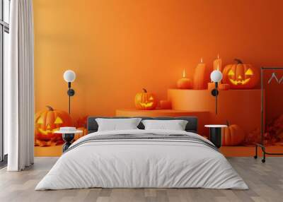 Halloween display podium with 3D Jack O' Lantern pumpkins and candlelight on an orange paper graphic background Wall mural