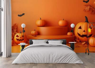 Halloween display podium with 3D Jack O' Lantern pumpkins and candlelight on an orange paper graphic background Wall mural