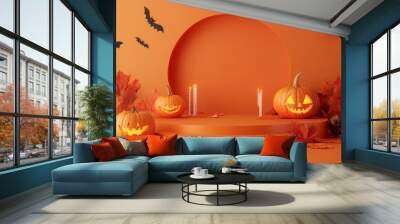 Halloween display podium with 3D Jack O' Lantern pumpkins and candlelight on an orange paper graphic background Wall mural