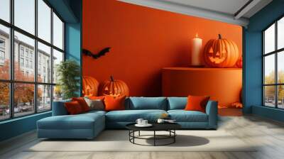 Halloween display podium with 3D Jack O' Lantern pumpkins and candlelight on an orange paper graphic background Wall mural