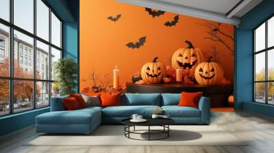 Halloween display podium with 3D Jack O' Lantern pumpkins and candlelight on an orange paper graphic background Wall mural