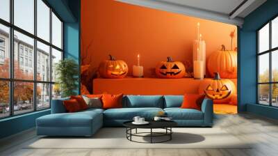 Halloween display podium with 3D Jack O' Lantern pumpkins and candlelight on an orange paper graphic background Wall mural