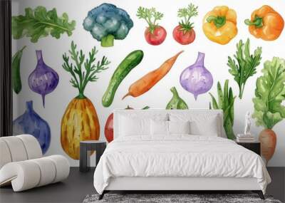 Hand drawn watercolor fresh vegetables and herbs collection on white background Wall mural