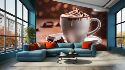 Hot chocolate in a ceramic cup with a thick, creamy top and a sprinkling of cocoa powder. The soft light shines down to reveal the rich chocolate oozing out the side of the cup. Wall mural