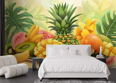 Illustration of Exotic tropical fruit platter with pineapple and mango Wall mural