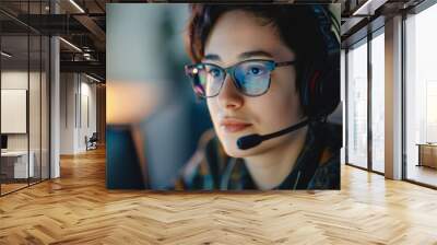 LGBTQ businessperson with a headset, close-up during a virtual meeting, focused and engaged Wall mural