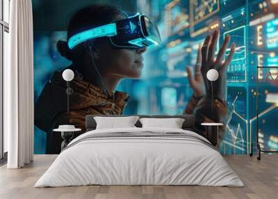 Professional interacting with a futuristic AR interface in an office, headset-equipped, for marketing management Wall mural