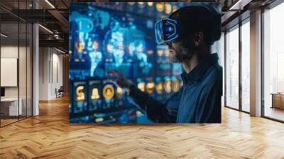 Professional interacting with a futuristic AR interface in an office, headset-equipped, for marketing management Wall mural