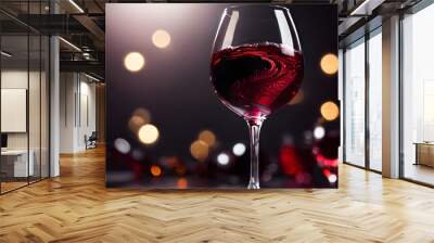 Red wine glass, the dark red-brown wine reflects the light, showing the details of the wine glass rotation. The clear glass contrasts with the color of the drink with depth. Wall mural