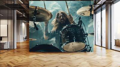 Rock drummer in action, surrounded by drum kit Wall mural