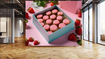 Strawberry cookies look delicious in a beautiful package box, Dessert background photo taken in a professional studio with soft light and sharp image, Sweet pink background photo of cookies looks deli Wall mural