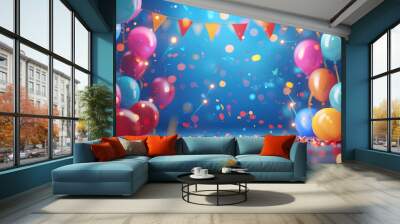 Birthday background theme bright colors with floating balloons, colorful abstract holiday, birthday cards, and invitation designs in a festive celebration theme  Wall mural