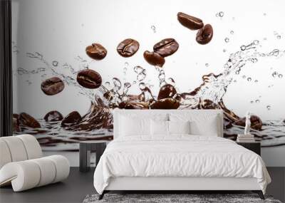 Coffee beans falling into water with splash isolated on white background, Coffee flavor template Wall mural