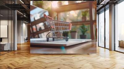 The online shopping e-commerce and customer experience concept has transformed the way people shop, with virtual cashiers and shopping carts on a laptop for shopper consumers. Wall mural