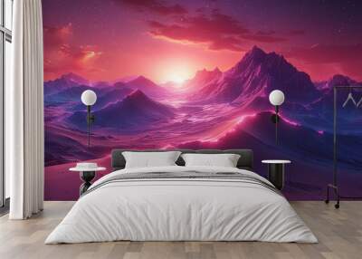 3d render, futuristic neon background, pink blue zigzag line glowing in the desert under the night sky. Terrain landscape in ultraviolet spectrum Wall mural