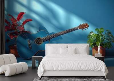 Blue acoustic guitar musical instrument audio entertainment soft tones pale background 3d illustration render digital rendering Wall mural