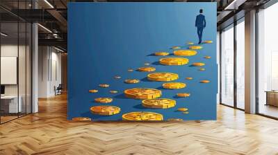 Businessman stay next to golden coins, financial advise, investment and banking service career concept. Abstract business environment with stairs Wall mural