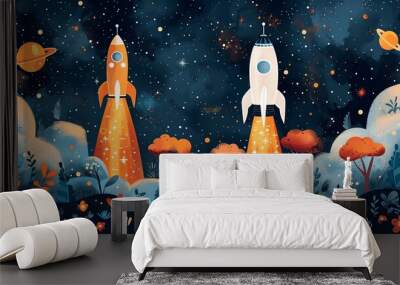 Children's space adventure vector illustration set Wall mural