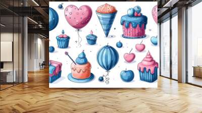 Collection colorful of objects party-themed for anniversary and birthday. Set of festive decorative design elements for party in realistic 3d cartoon style. vector illustration Wall mural